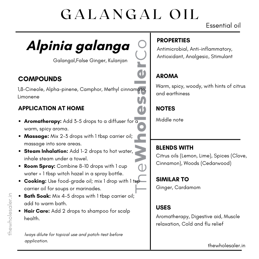 Alpinia galanga essential oil with common name, active compounds, properties,aroma, notes,blends with, similar to and uses of Alpinia galanga essential oil