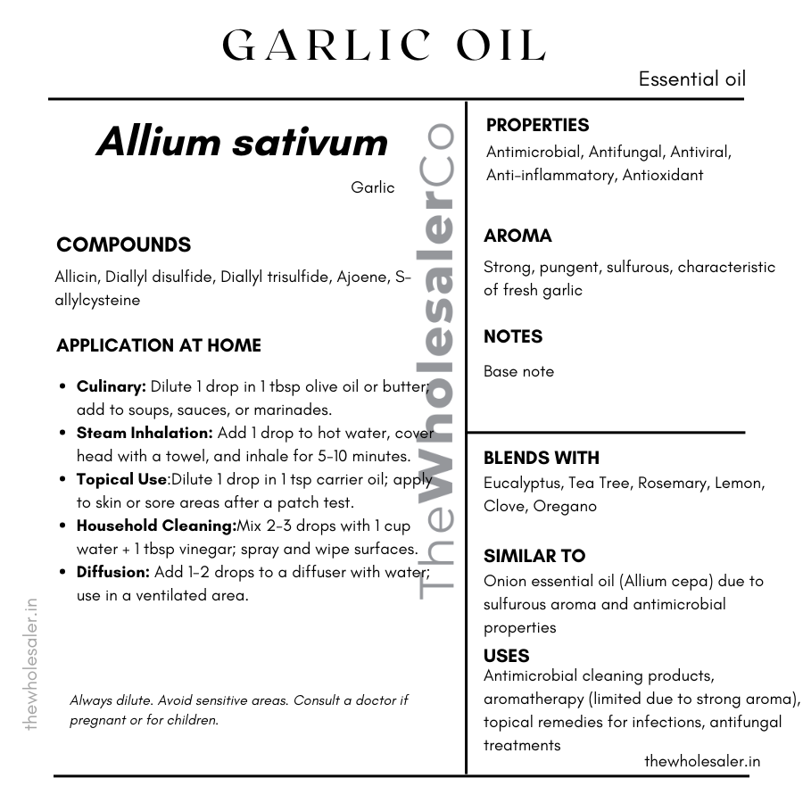 Allium sativum essential oil with common name, active compounds, properties,aroma, notes,blends with, similar to and uses of Garlic essential oil