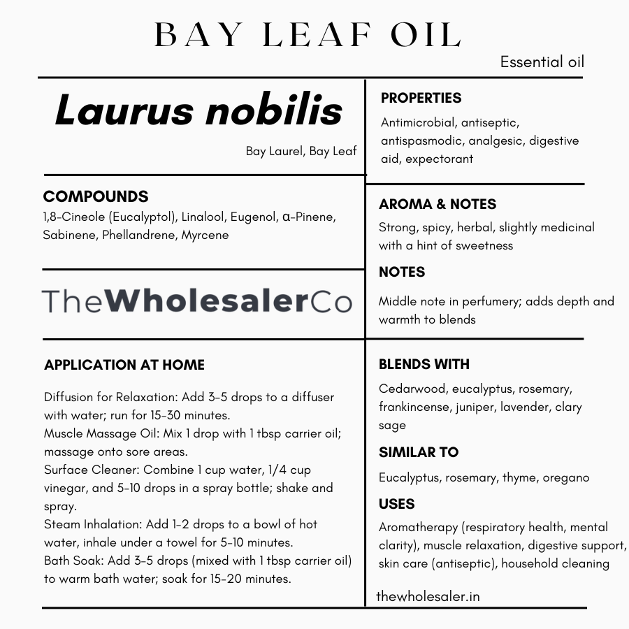 common name, active compounds, properties,aroma, notes,blends with, similar to and uses of Bay Leaf Oil - Laurus nobilis essential oil