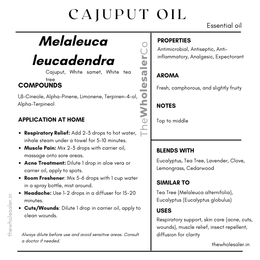 Melaleuca leucadendra essential oil with common name, active compounds, properties,aroma, notes,blends with, similar to and uses of Melaleuca leucadendra essential oil