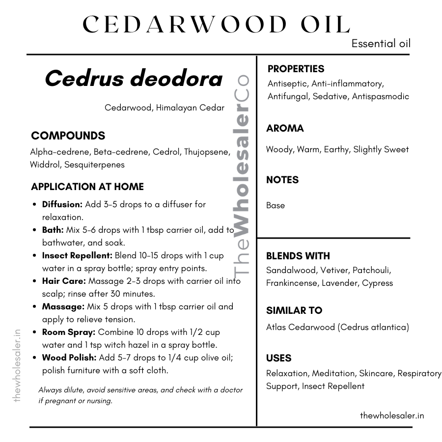 Cedrus deodora essential oil with common name, active compounds, properties,aroma, notes,blends with, similar to and uses of himalayan cedar essential oil
