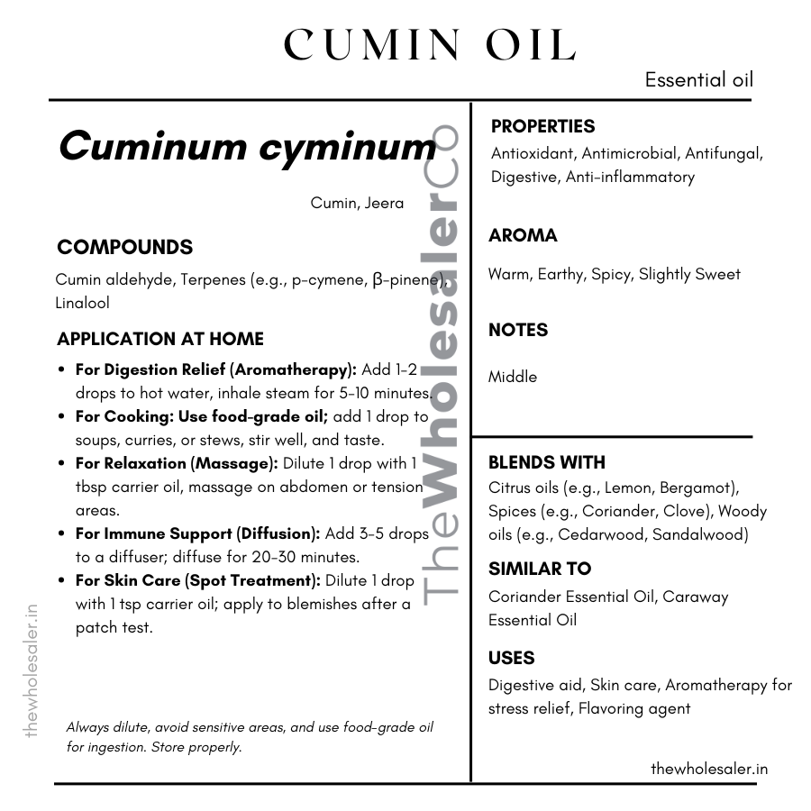 Cuminum cyminum essential oil with common name, active compounds, properties,aroma, notes,blends with, similar to and uses of jeera essential oil
