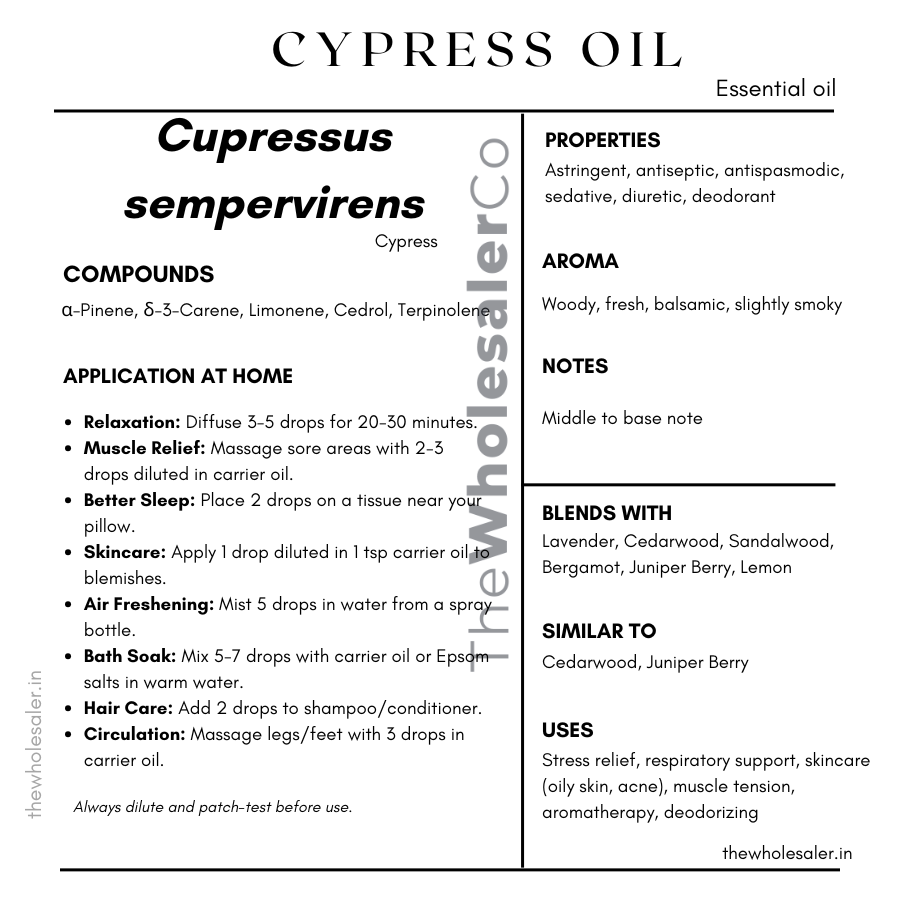 Cupressus sempervirens essential oil with common name, active compounds, properties,aroma, notes,blends with, similar to and uses of cypress essential oil