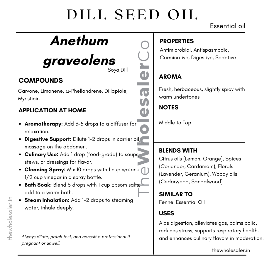 Anethum graveolens seed essential oil with common name, active compounds, properties,aroma, notes,blends with, similar to and uses of dill seed essential oil