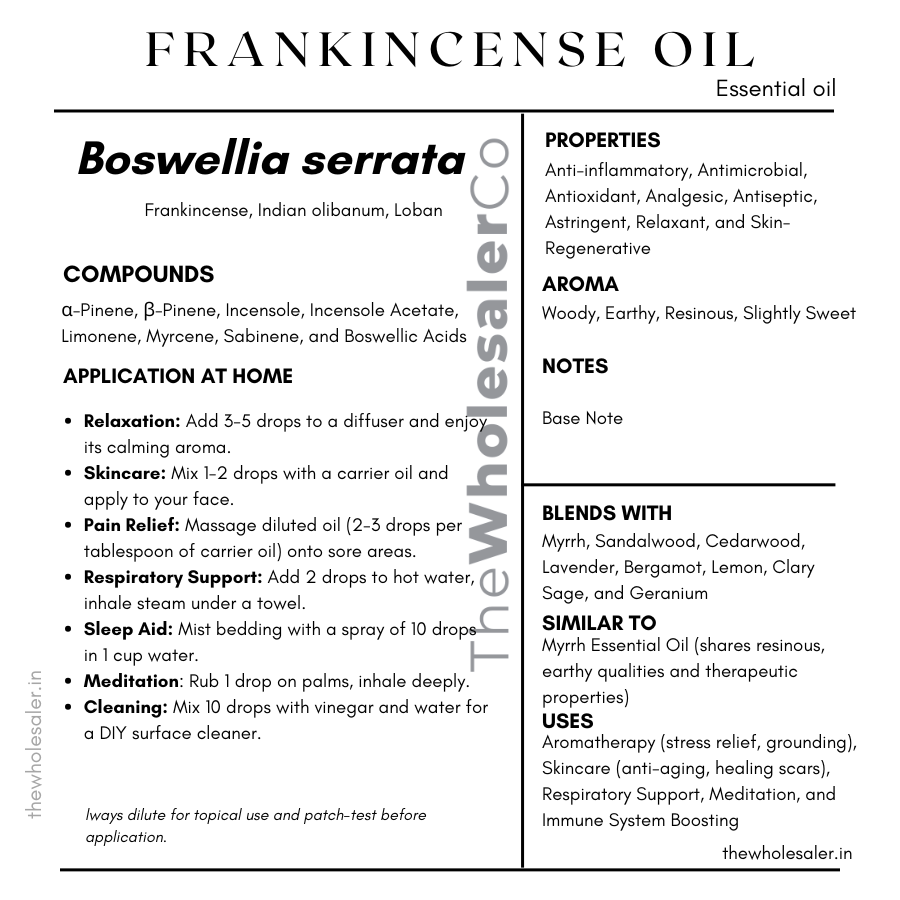 Boswellia serrata essential oil with common name, active compounds, properties,aroma, notes,blends with, similar to and uses of Frankincense essential oil