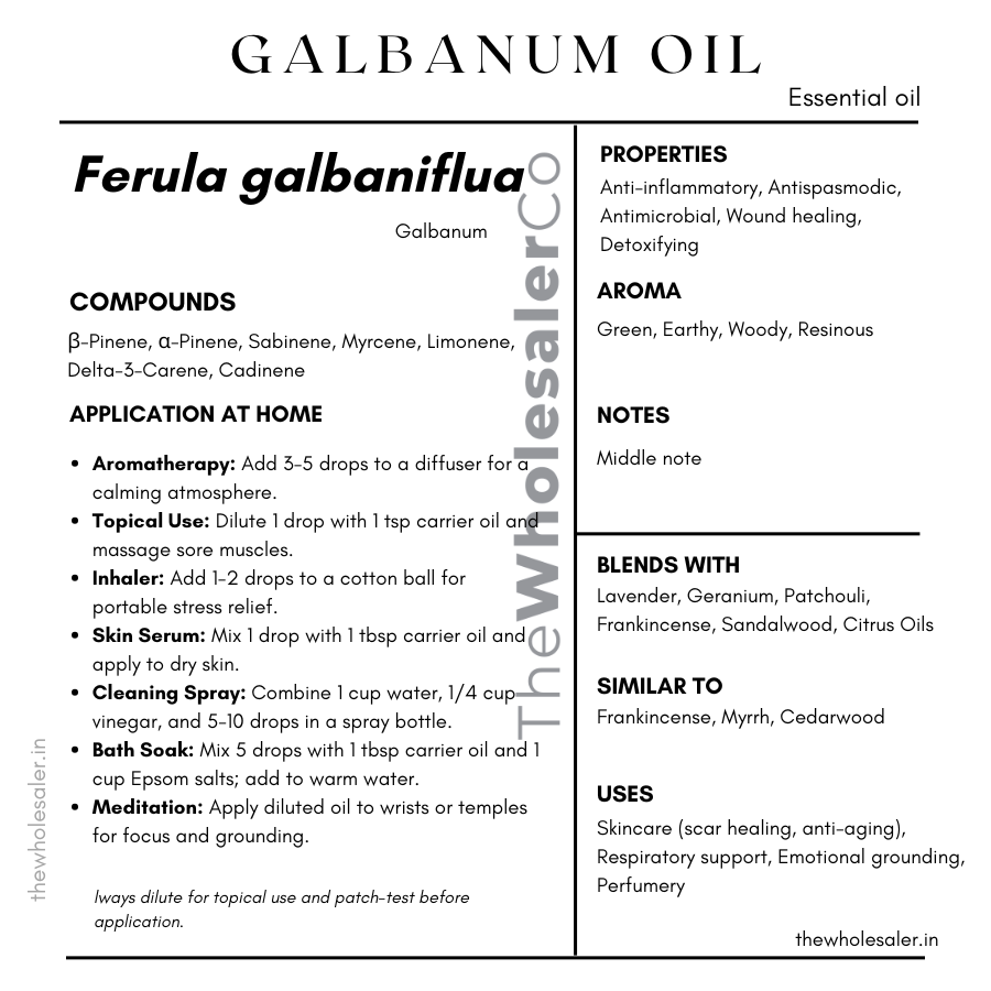 Ferula galbaniflua essential oil with common name, active compounds, properties,aroma, notes,blends with, similar to and uses of Galbanum Oil essential oil