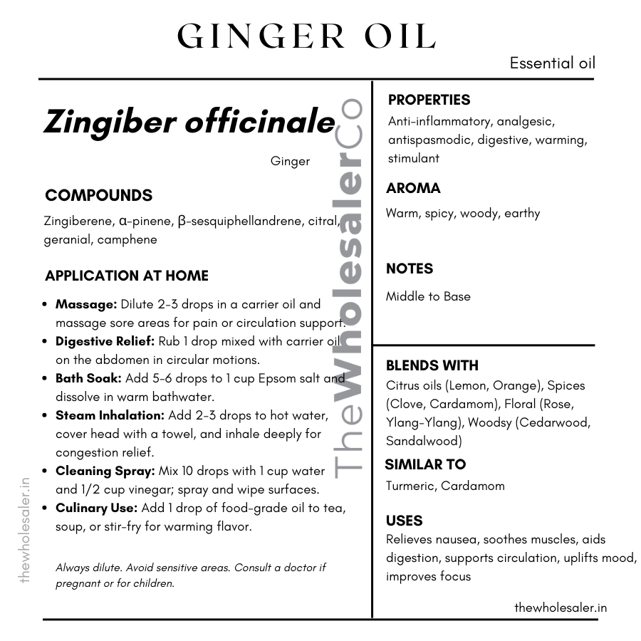 Zingiber officinale essential oil with common name, active compounds, properties,aroma, notes,blends with, similar to and uses of ginger essential oil