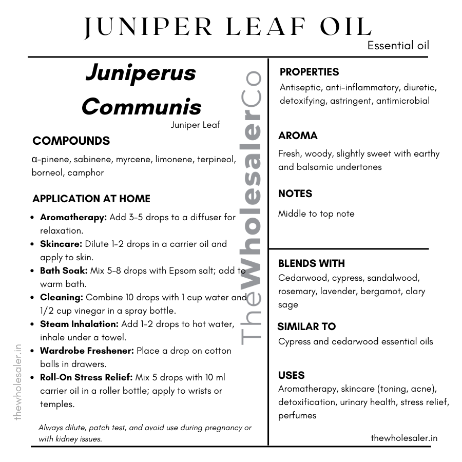 Juniperus Communis leaf essential oil with common name, active compounds, properties,aroma, notes,blends with, similar to and uses of Juniper leaf Oil